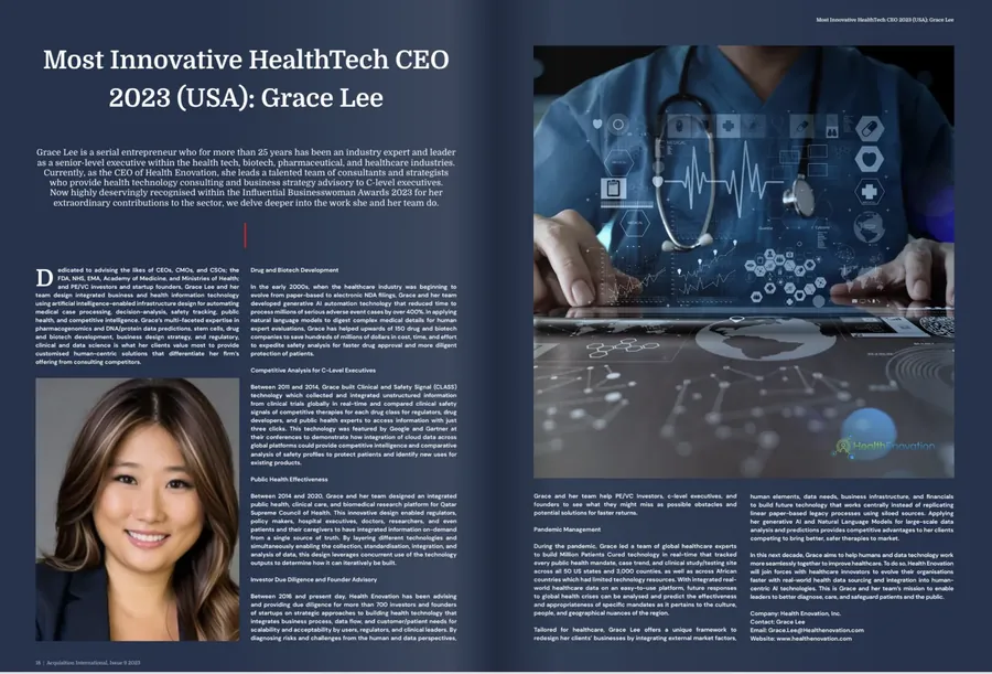 Acquisition International magazine spread headlined “Most Innovative HealthTech CEO 2023 (USA): Grace Lee”, with a portrait of Grace Lee