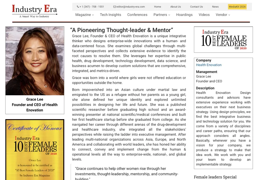 Industry Era profile page titled “A Pioneering Thought-leader & Mentor”, with a portrait of Grace Lee and the 10 Best Female Leaders of 2020 Certificate of Honour